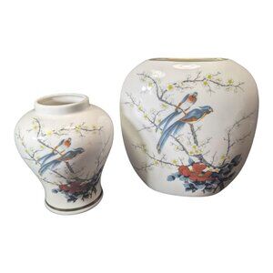 Vintage Set of 2 JAY Fine China Porcelain Vase Set With Bluebirds & Floral Motif